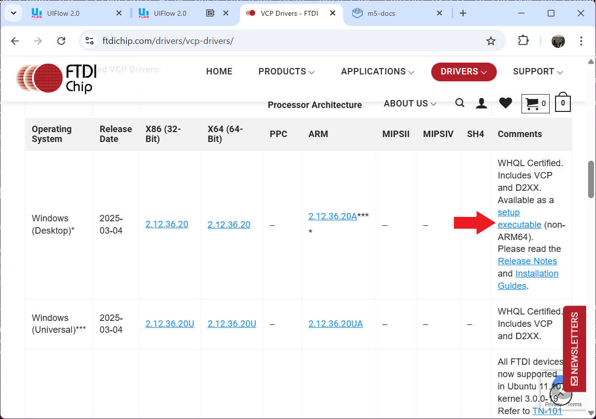 FTDI VCP driver download page — click the setup executable link for Windows Desktop